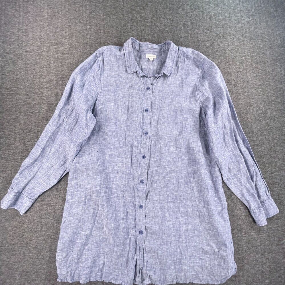Garnet Hill‎ Easy Linen Tunic Shirt Dress L Blue Chambray Button Up Long Coastal - Picture 10 of 13